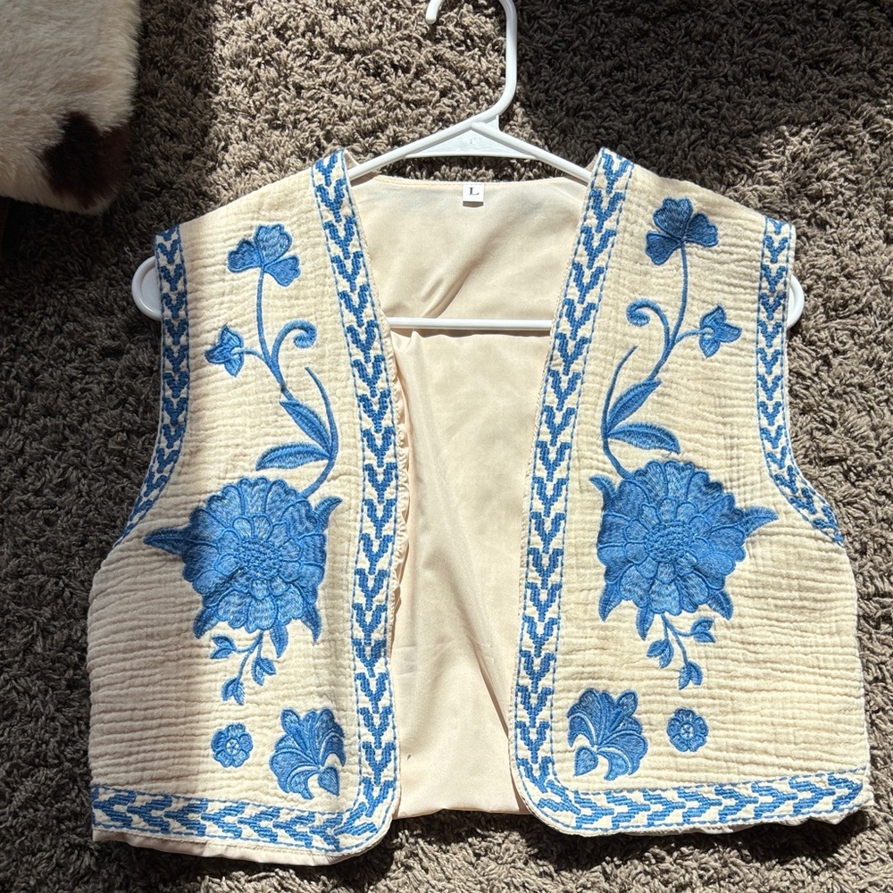 Embroidered Vest with Blue Floral Design